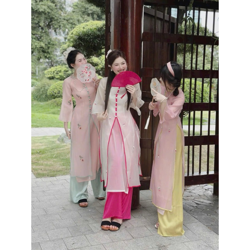 CÓ SẴN - Set áo dài hồng cam tơ xốp thêu hoa tay lỡ cổ viền thắt tết + quần suông lụa latin thun sau