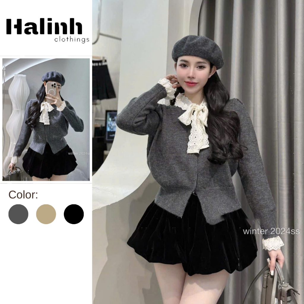 Áo Cardigan Nỉ Dáng Ngắn Phối Cổ Nơ Ren- Halinh- M249