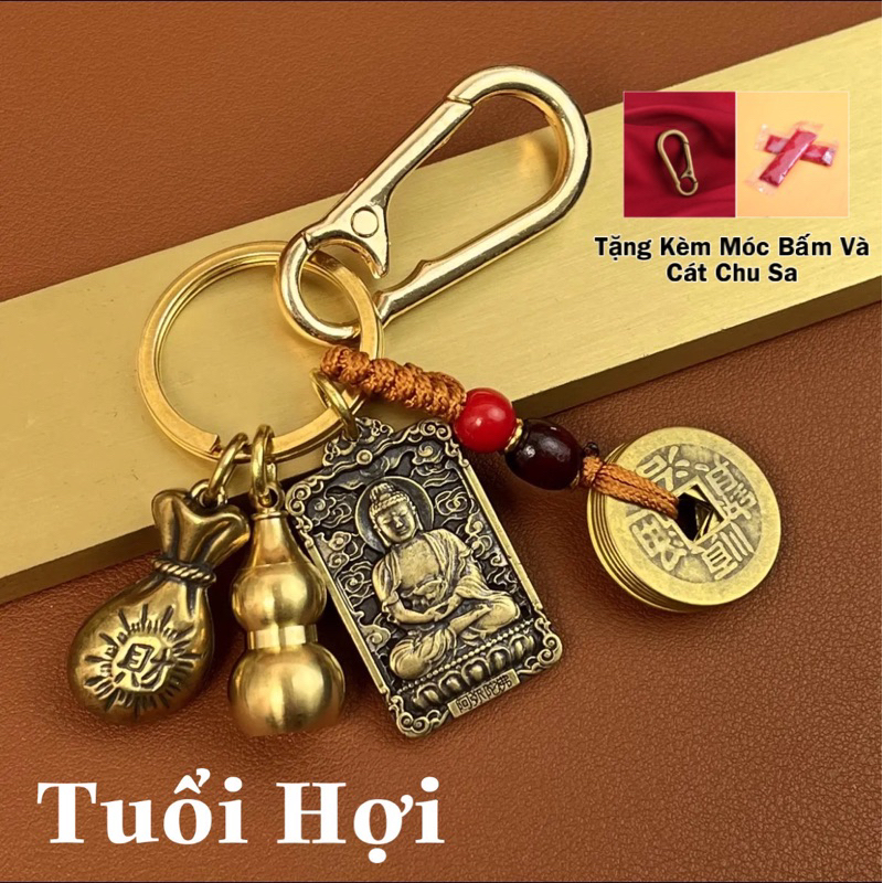 ( Tặng Móc bấm, Cát chu sa )Móc khoá đồng thau giúp thau 4 món gồm: Thẻ vị 2 mặt Phật bản mệnh M-02