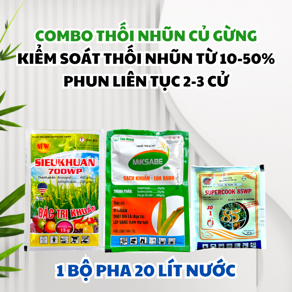 Bộ 3 chế phẩm hỗ trợ xử lý thối nhũn củ gừng - Siêu khuẩn 700WP, Miksabe 100WP, Supercook 85WP