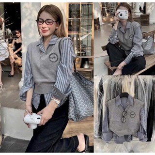  Set áo sơ mi kẻ dài tay kèm áo gile len xám huy hiệu mùa đông 