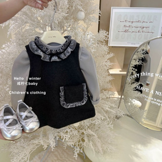 [HÀNG OD] S200 Set váy không tay lót nỉ nhung cổ bèo nhún phối nơ có túi dễ thương + áo tay bồng lót nỉ nhung ấm áp 2024