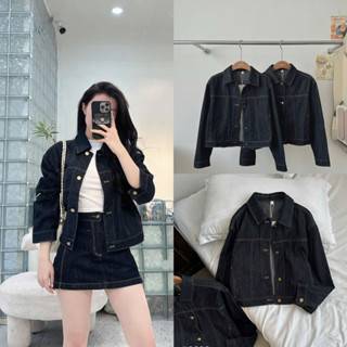 Áo khoác jeans nữ màu xanh than chỉ nổi tay dài 9096