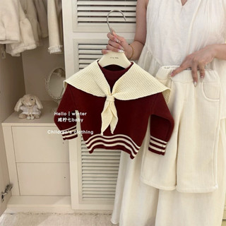 [HÀNG OD] S203 Set áo len cổ thuỷ thủ kẻ gấu + quần ống suông dày dặn lót nỉ nhung ấm áp mùa đông 2024 bé gái Hàn Quốc