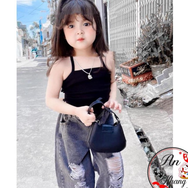 Quần áo bé gái- Set Áo 2 Dây Kèm Quần Bò Xước Cá Tính Cho Bé 1-8 Tuổi (Kèm Video shop tự quay) [AnKh