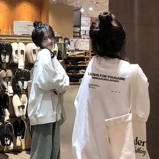 FOCUS local brand fashion Trắng dài tay áo nỉ cổ tròn bigsize levents unisex áo khoác