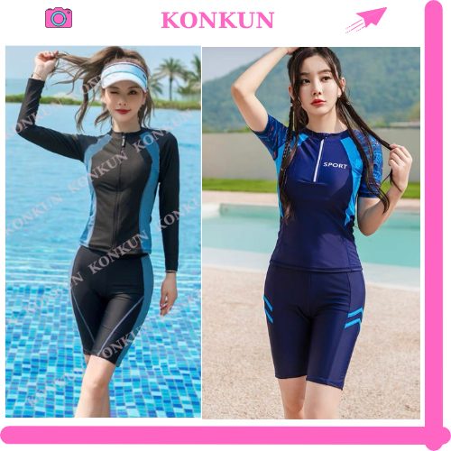 [Size M,L,XL] bikini nữ đồ bơi 2 mảnh quần lững áo tay ngắn đi biển dáng thể thao có size lớn KONKUN MS155