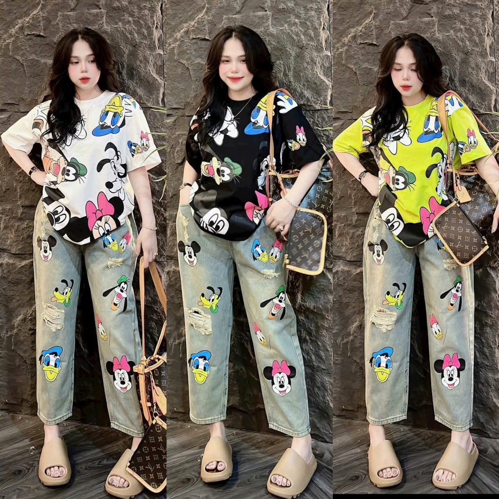 Set Bộ MICKEY Quần JEAN BAGGY Hàng Quảng Châu cao cấp Chuẩn Loại 1, Bộ Đồ JEAN Baggy nữ Hottrend mẫu xu hướng mới nhất