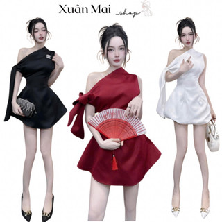 Đầm ôm body nữ trễ vai lệch ctay dài form ngắn trên gối chất tăm trung màu đỏ mặc Noel, lễ Tết