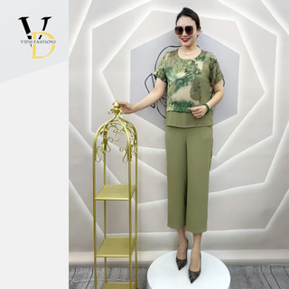 Đồ bộ trung niên cho mẹ mặc nhà, vải Lụa Pháp trung niên nữ phối họa tiết, quần dài ống suông cao cấp. HT09