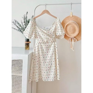 Đầm hoa nhí tay bồng cổ vuông xếp nếp chéo ngực tiểu thư