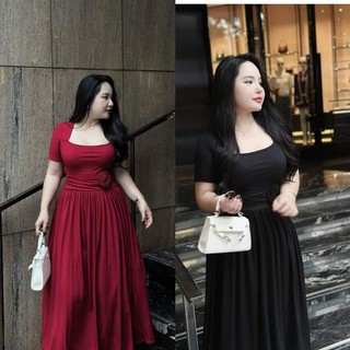 ĐẦM HOA HỒNG ĐÍNH EO CỔ VUÔNG PHOM DÀI CÓ BIGSIZE