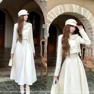  Set Nhung Be Khuy Bọc Vải Cổ Đính Nơ Siêu Dày Dặn Phối Chân Váy Xoè Dáng Dài Lịch Sự Thanh Lịch Hiện Đại 