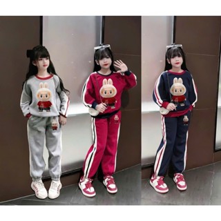 Bộ đồ thu dông nỉ tàu in hình Labubu cho bé trai bé gái (HỌA TIẾT BỘ SỌC LABUBU) từ 9-44kg mã 2852