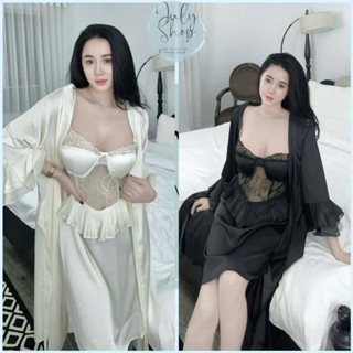 Đồ Ngủ Nữ JULY Set Đầm 2 Dây Cúp Ngực Sexy Phối Ren Mảnh Cut Out Lưng Kèm Áo Choàng Tay Loe Chất Lụa Latin Freesize