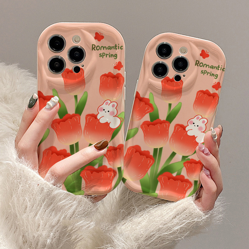 Ốp iphone tết màu đỏ hoa Tulip xinh xắn viền nổi cạnh sóng iphone 16promax 16pro 16 11 7 8 12 13 14 