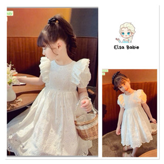Đầm công chúa ElsaBabie váy trắng bé gái thêu chất liệu boil cotton dáng xòe