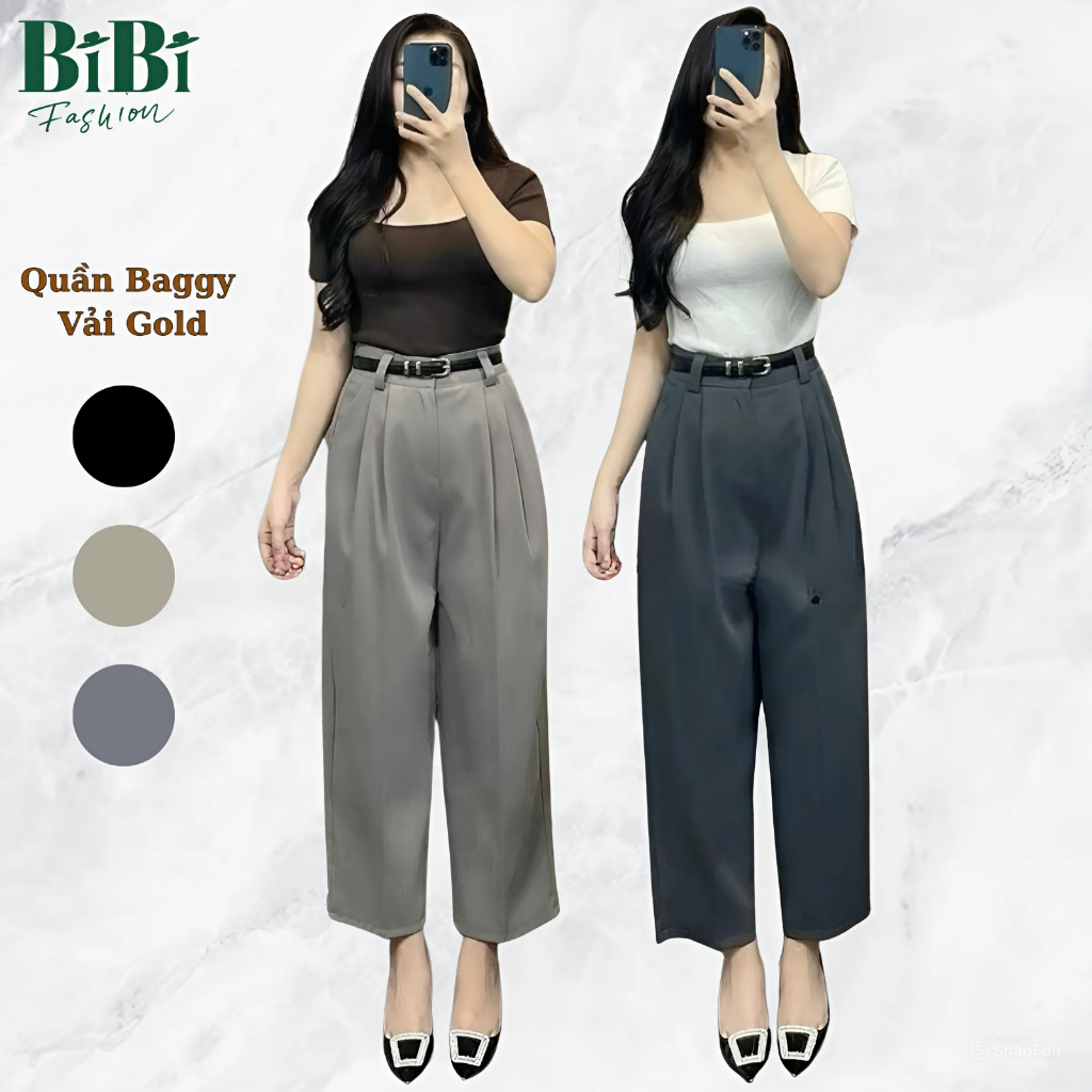 Quần Baggy công sở lưng cạp cao dáng thụng vải gold nhật cao cấp kèm đai.Quần tây âu đủ màu BiBi