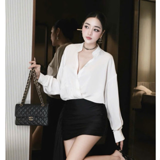 Set đồ nữ sang chảnh tiểu thư áo sơ mi lụa cổ chéo dài tay phối chân váy dáng A ngắn thiết kế công sở dự tiệc LEVAN Edna