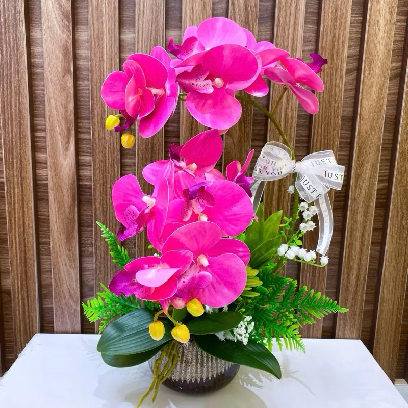 (Cắm sẵn) Chậu hoa lan hồ điệp cao Cây lan giả Hoa nhân tạo trang trí, để bàn ( chậu nhựa)