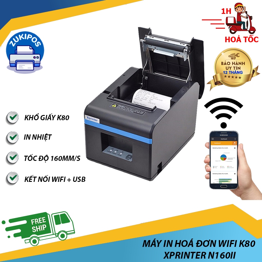 Máy in hóa đơn khổ 80 Xprinter XP-N160II USB/USB+WIFI In trên máy tính và điện thoại