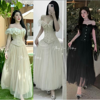 SET MAXI ÁO GẤM CÁNH TIÊN ĐÍNH NƠ ĐÁ PHỐI CHÂN VÁY LƯỚI DÀI