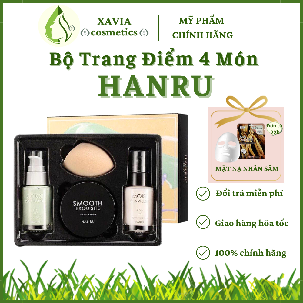 Bộ trang điểm HANRU - Bộ makeup HANRU Set 4 món cơ bản kem lót, kem nền, mút tán, phấn phủ kiềm dầu, nâng tone tự nhiên