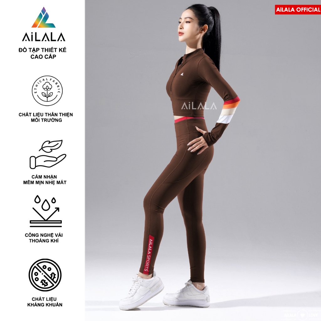 Set Đồ Tập Yoga Gym AiLALA LUX04D, Áo Dài Tay Kéo Khóa, Cạp Cao Tôn Dáng Có Túi, Ailift Fabric