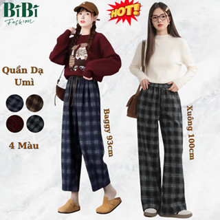 Quần kẻ caro dáng xuông, baggy. Vải dạ umì cao cấp mềm mịn co giãn , Quần nữ ống rộng cạp chun BiBi