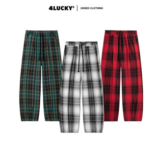 Quần Ống Rộng Xếp Ly Sọc Caro 4LUCKY 6215, Quần Flannel Lưng Chun Unisex, Chất Dạ Dày Dặn Cạp Cao Hack Dáng Nam Nữ