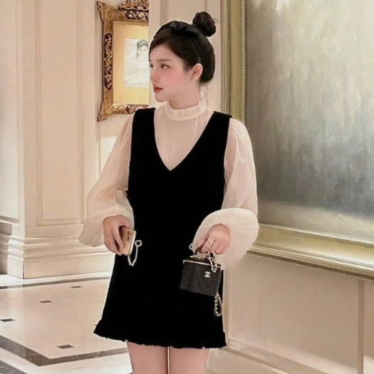 váy tiểu thư sang chảnh,đầm nhung dáng dài phối tơ tay bồng đính đá túi L127