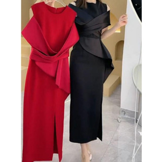  Váy nữ trễ vai xẻ tà cao cấp đầm dự tiệc hai màu đỏ đen sang trọng quyền lực thiết kế tại shop TEA NA VD007 