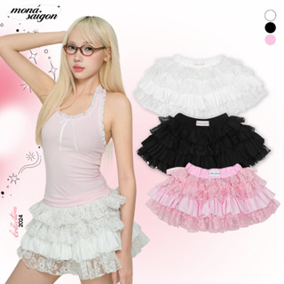 Chân váy ngắn nữ nhún bèo nhiều tầng vải kate phối ren hoạ tiết thêu hoa MONÁ - SORA SKIRT