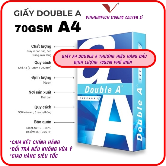 Giấy in ấn A4 Double A 70gsm dày 500 tờ Vinhempich Trading