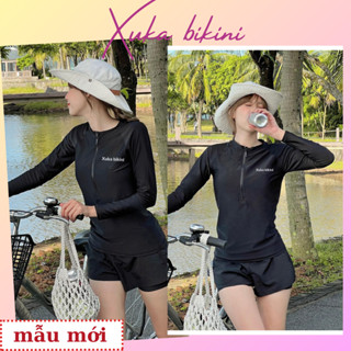 Đồ bơi nữ kín đáo, bikini 2 mảnh tay dài che nắng quần đùi 2 lớp áo có mút ngực dây khóa kéo thể thao XK78