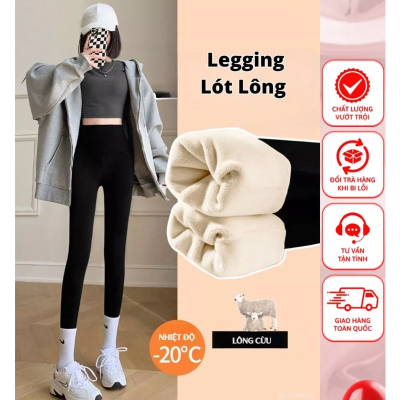 QUẦN LEGGING NỈ LÓT LÔNG nữ ấm mùa đông cạp cao co giãn có túi dáng ôm - Quần nỉ lót lông cừu cute t