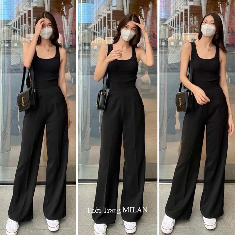 Quần tây ống rộng đi học làm công sở M555 khóa sườn hông nữ cạp lưng cao dáng quần vải ống rộng nữ suông dài dày đen | BigBuy360 - bigbuy360.vn
