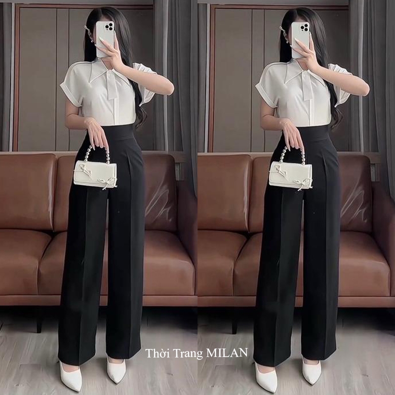 Quần tây ống rộng đi học làm công sở M555 khóa sườn hông nữ cạp lưng cao dáng quần vải ống rộng nữ suông dài dày đen | BigBuy360 - bigbuy360.vn