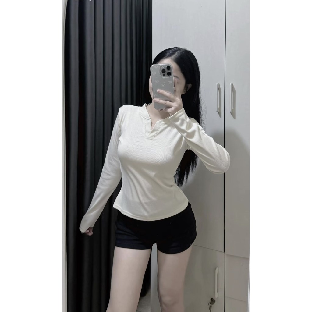 Áo dài tay cổ trụ chữ V dáng ôm body 15 màu nữ - Thun kiểu tiểu thư hotgirl oversize bigsize mặc thu đông sexy - ATH187 | BigBuy360 - bigbuy360.vn