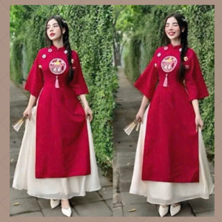 [ĐỦSIZE 38-75kg] Set Áo Dài Đỏ Tết Đính Hoa Nổi Phối Chân Váy Kem