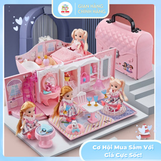 Ngôi nhà búp bê thiết kế dạng túi xách kèm 2 búp bê, đồ chơi búp bê dễ thương cho bé gái
