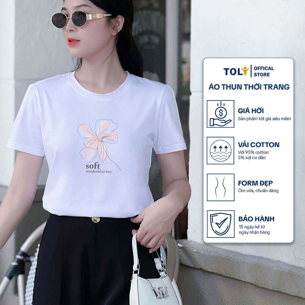 Áo thun nữ TOLI in chữ Soft cổ tròn tay ngắn, vải cotton 4 chiều, dáng ôm nhẹ M12