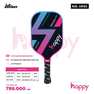 Vợt Pickleball Zocker Happy Standard HP01 <Cây vợt hoàn hảo dành cho Newbie, 3 lớp Glass Fiber> tặng cuốn cán