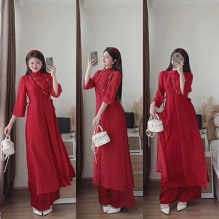 Set ÁO DÀI đỏ hiện đại 2025 hot trend kiểu tàu áo ngoài voan tơ lót lụa cổ trụ tay lỡ cột nơ eo quần lụa xinh xắn