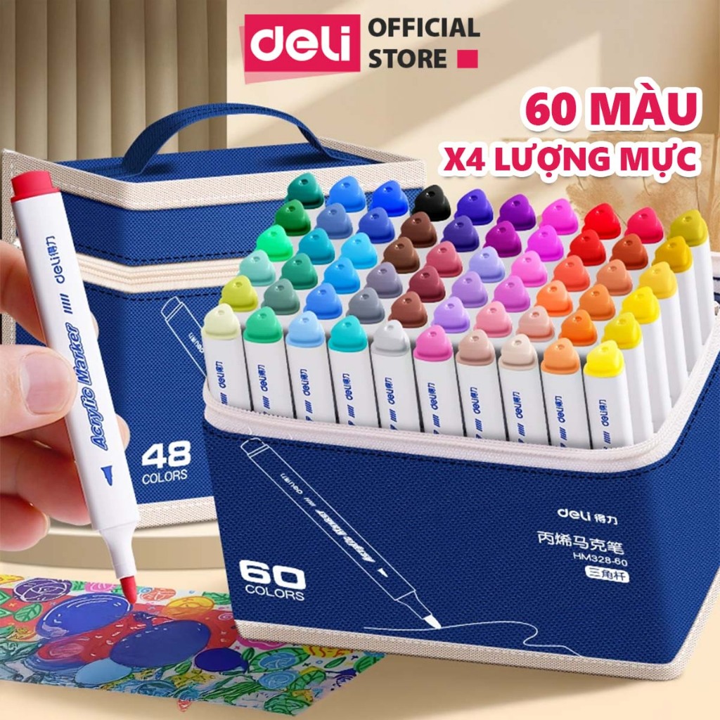 Bút Màu Acrylic Marker Túi Vải Cao Cấp Deli - Bút Sơn Màu Acrylic Tô Vẽ Trên Mọi Chất Liệu Không Thấ
