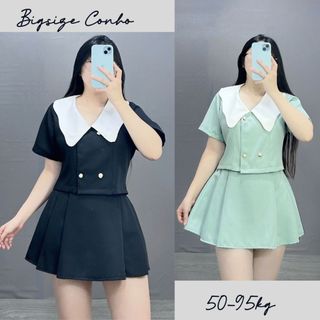 Set Thiết Kế Bigsize Nữ Áo Cổ Búp Bê Kèm Chân Váy Xếp Ly Dáng Chữ A Vải Cotton Lạnh SET829