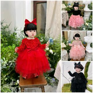 Váy Công Chúa Dài Tay Kim Sa Đen Hồng Kèm Cài 6-16 Kg,Váy Công Chúa Thu Đông Cho Bé Gái Đầy Tháng Thôi Nôi