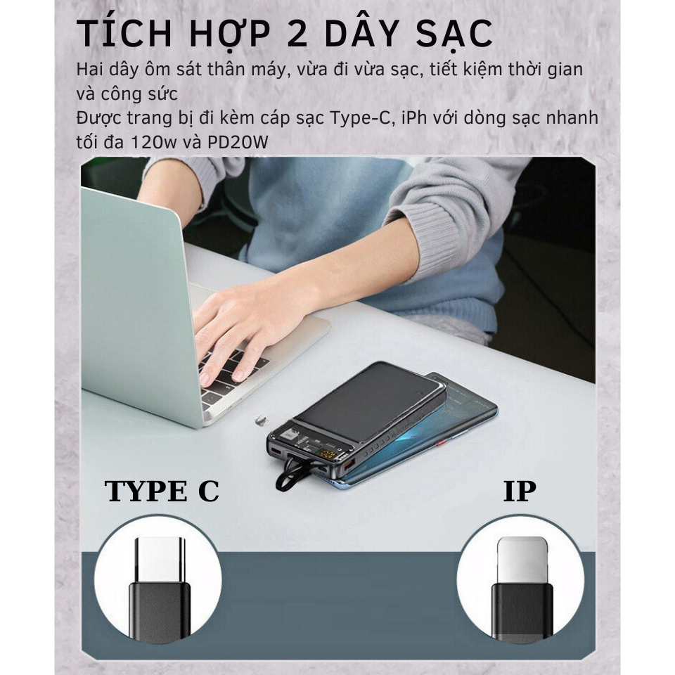 Sạc Dự Phòng 30000mAh Pin Sạc Nhanh - Màn Hình LED, Pin Siêu Trâu, Có Sẵn 2 Dây Sạc