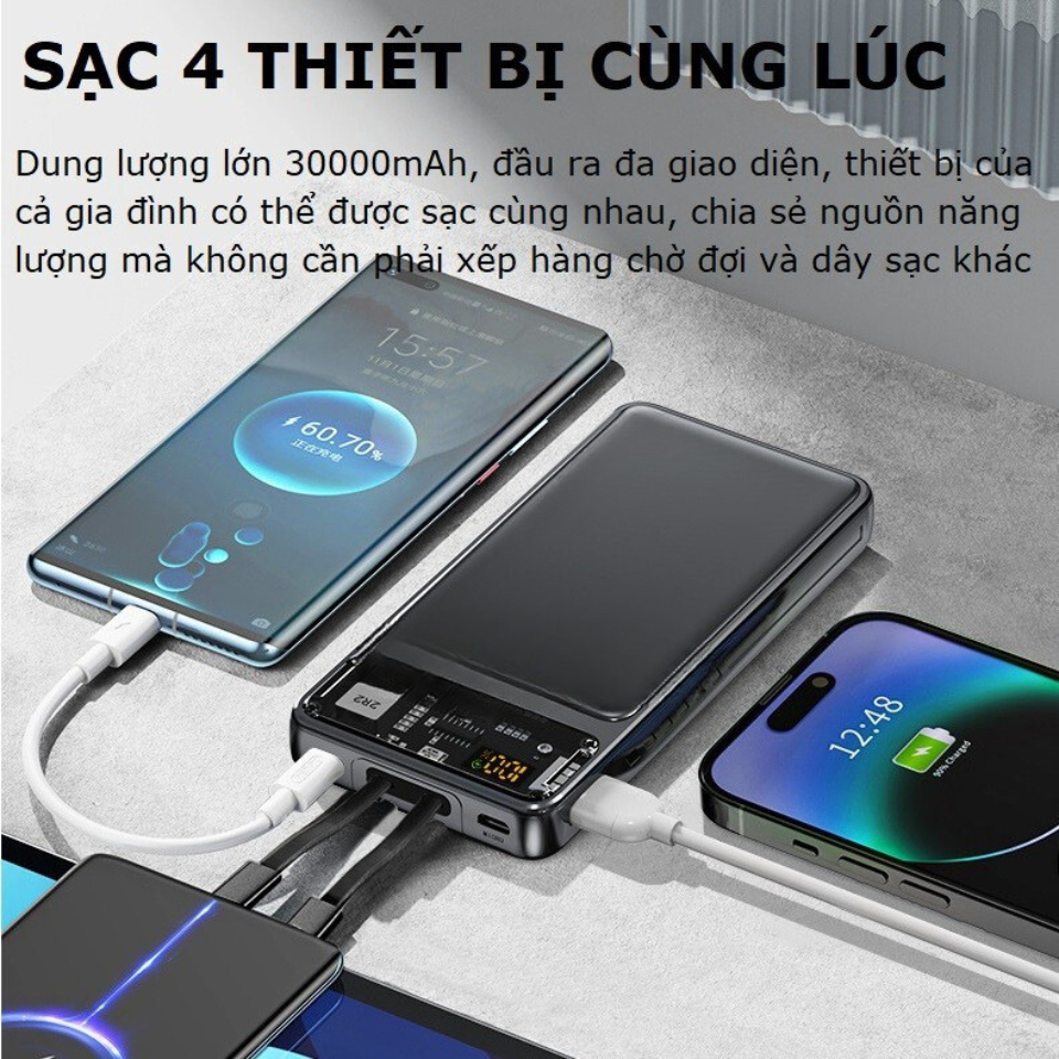 Sạc Dự Phòng 30000mAh Pin Sạc Nhanh - Màn Hình LED, Pin Siêu Trâu, Có Sẵn 2 Dây Sạc