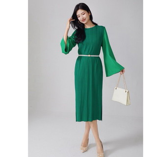 Đầm midi dáng suông, chất vải thun lò xo phối tay voan lụa, thiết kế xẻ tà - 55Kg.Linh
